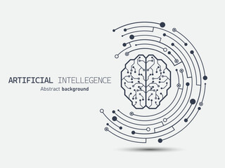 Leinwandbilder - Brain circuit icon on crescent-shaped circuit board. Futuristic artificial intelligence abstract background. Large data processing, database concept. Vector illustration for web and template.
