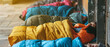 © Ai Studio - Several people in colorful sleeping bags lay huddled together on a city sidewalk, bathed in early morning light.