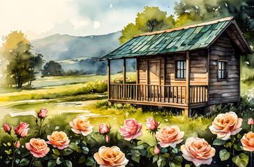 A village flower hut vector painting art illustration images. 
