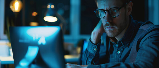 Wall Mural - a serious man in glasses works late into the night at his computer, the blue light reflecting off hi