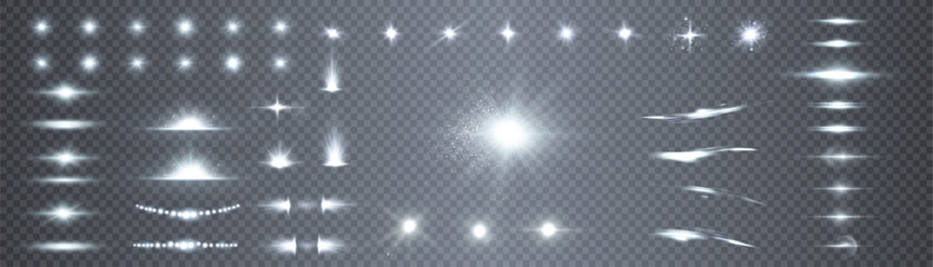 Fototapete - A large set of different abstract light effects: spotlight, glare, explosion, spark, dust, line, solar flare, sparks and stars, swirls. Sun rays.
