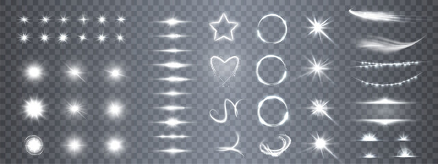 Leinwandbilder - Set of bright glowing light effects isolated on transparent background. Bright flashes with rays and glare. Glow effect, light refraction, garlands, curls, star explosion, light rings. Vector