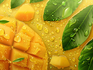 Juicy ripe mango in water droplets with green leaves. Neural network AI generated art