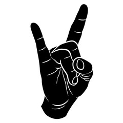 Poster - Human male hand in apotropaic horn gesture. Heavy metal emblem. Black and white silhouette. Cartoon style.