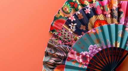 Wall Mural - Create a vibrant scene of a traditional Japanese hand fan with intricate patterns and bright colors, set against a simple background. 