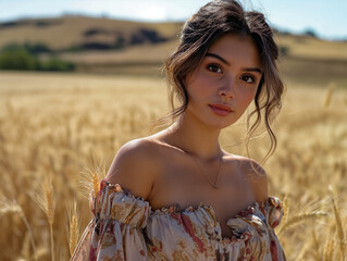 Sticker - A woman is standing in a field of tall grass. She is wearing a dress and a necklace