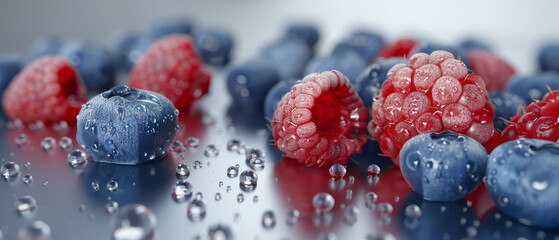 Wall Mural - Close-up of dewy blueberries and raspberries, showcasing the freshness and vibrant colors of these berries.