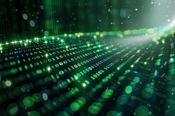 Green dark binary code data streaming background created with Generative AI