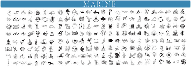 200 marine handdrawn elements, sea illustrations, oceanwater, fish, animals, sea creatures, nautical