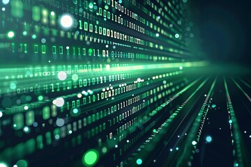 Green dark binary code data streaming background created with Generative AI