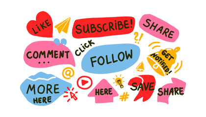 Social media call to action marketing buttons. Handwritten text in speech bubbles, subscribe, save, share, comment elements set.