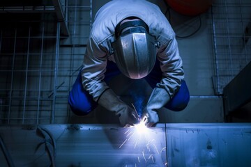 Welder working in factory Overhead view of male welder wearing helmet while working with welding torch in factory.