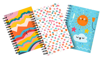 set of different school notebooks, one decorated with colorful patterns, another with cartoon characters, and the third featuring geometric designs, isolated on transparent background