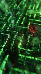 Wall Mural - a digital maze teeming with glowing green code, a single red virus particle navigating through the l