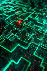 Wall Mural - a digital maze teeming with glowing green code, a single red virus particle navigating through the l