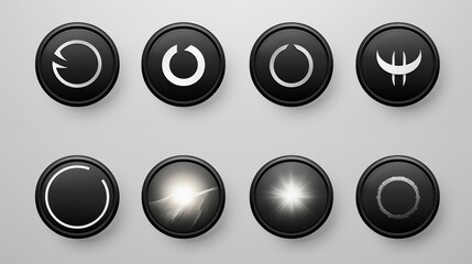 Black circular buttons with refresh, star, and abstract icons