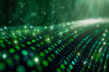 Green dark binary code data streaming background created with Generative AI