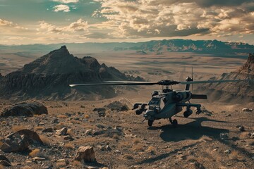 Sticker - An Apache helicopter scans the horizon with its mounted targeting pod, searching for enemy positions hidden within the rocky desert terrain