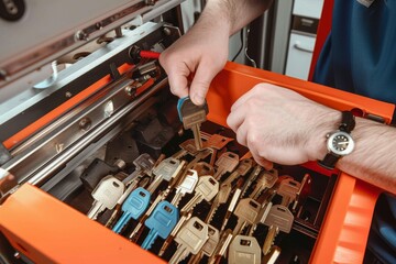 Close view of key copying machine with key One young man, professional key cutter, making door keys copies in locksmith