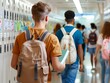 © Koborixgen - Students with backpacks walking down a school hallway with lockers, back to school season, education and learning concept.