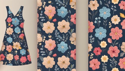 Wall Mural - Seamless vertical fantasy flowers pattern. Hand draw floral background on dress mockup. Vector. Traditional eastern pattern for textiles, wallpapers, decor etc. Pink blue beige pattern on dark blue