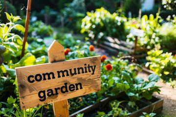 Sunlit Community Garden with Raised Beds and Rustic Wooden Sign