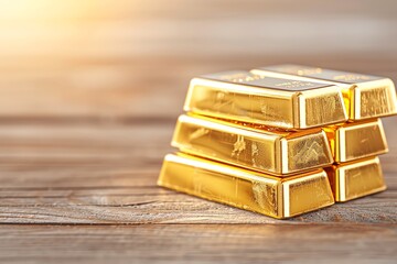 Stack of shining gold bars on a wooden surface with sunlight reflecting. Ideal for finance, investment, wealth, and luxury concepts.