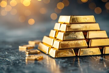 Stack of shining gold bars with a glittering background in a luxurious setup. Perfect depiction of wealth, investment, and financial security.