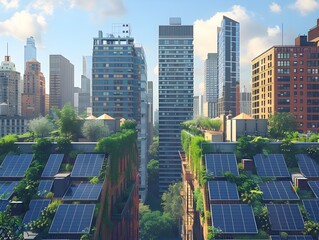 Wall Mural - Sustainable Urban Skyline with Rooftop Solar Panels Powering Modern Skyscrapers