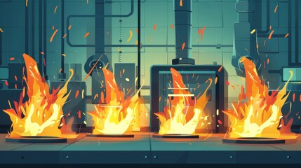 Wall Mural - A cartoonish drawing of a kitchen with a fire in the background