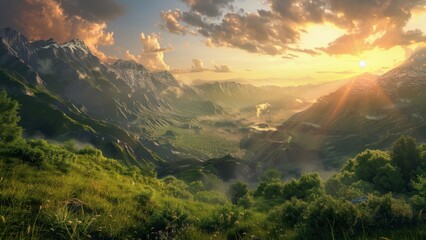 Poster - Beautiful sunset in the mountains. Landscape with meadow and flowers