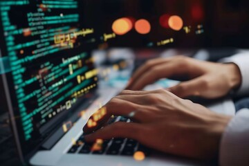 Hands of modern programmer or software developer Hands of modern programmer or software developer typing on laptop keyboard while decoding data or working over new IT project