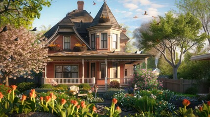 Suburban Victorian home during the springtime, with birds nesting in the eaves and fresh flowers in the yard