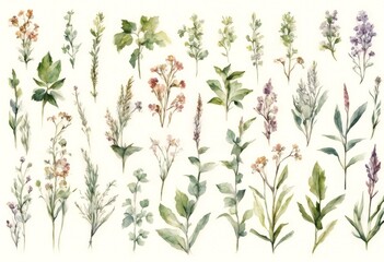 Wall Mural - plants texture sketch vignetting medical watercolor rbs flowers template vintage botanical meadow textile wallpaper painting bloom medicinal field hand illustration plant set ink collection painted