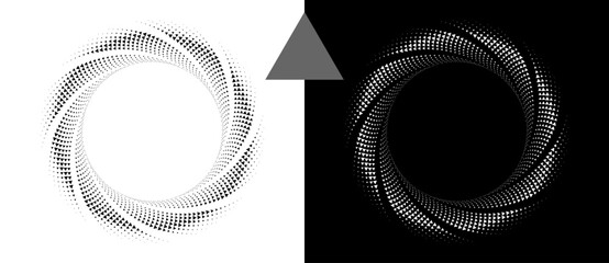 Wall Mural - Abstract background with halftone triangles in spiral. Modern circle pattern. Futuristic concept, logo. Black shape on a white background and the same white shape on the black side.