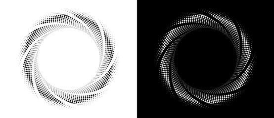 Wall Mural - Abstract background with halftone dots spiral. Modern circle dotted pattern. Futuristic concept. Black shape on a white background and the same white shape on the black side.