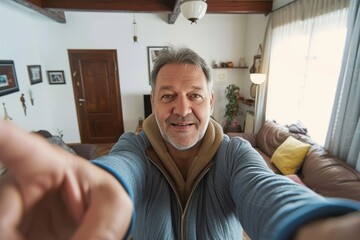 Wall Mural - mature man at home taking a selfie