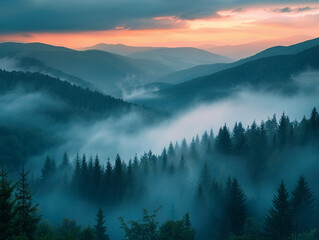 Wall Mural - Misty Mountain Sunset Over Evergreen Forest