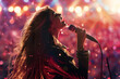 © forenna - beautiful female pop star singer performing energetically in a packed stadium, captivating the audience with her music and stage presence. Perfect for illustrating live music event