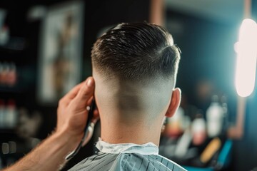 Wall Mural - Rear view of young man getting a modern haircut