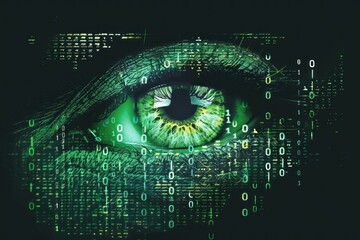a close-up of a green eye looking out from a digital landscape composed of binary code