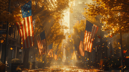 Wall Mural - American Flags Hanging on Trees in the City, Sunlight Shining Through Leaves, a Cinematic Shot of Traditional 4th of July Decor