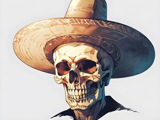 Wall Mural - Illustration of skull face with hat, Mexican themed artwork. Generative AI.