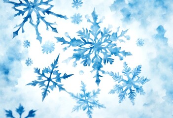 Wall Mural - snowflake olated cold simple christmas elements design set watercolor background white blue snowflakes light snow winter ather snowfall