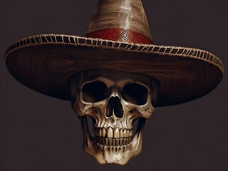 Wall Mural - Illustration of skull face with hat, Mexican themed artwork. Generative AI.