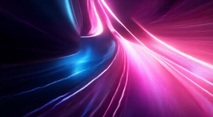 Poster - Vibrant neon lights with dynamic motion blur convey high-speed data transfer in digital networks.