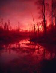 concept red beautiful background artistic colours design swamp acrylic abstract landscape sunset mystic art cover canvas