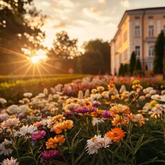 Wall Mural - A field of flowers with a house in the background