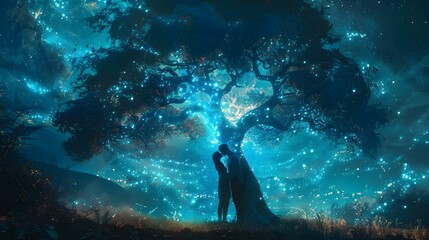 Poster - Couple Embracing Under Glowing Bioluminescent Tree in Ethereal Forest Landscape