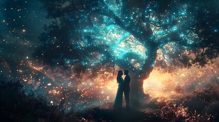 Wall Mural - Couple Embracing Under Glowing Bioluminescent Tree in Ethereal Forest Landscape